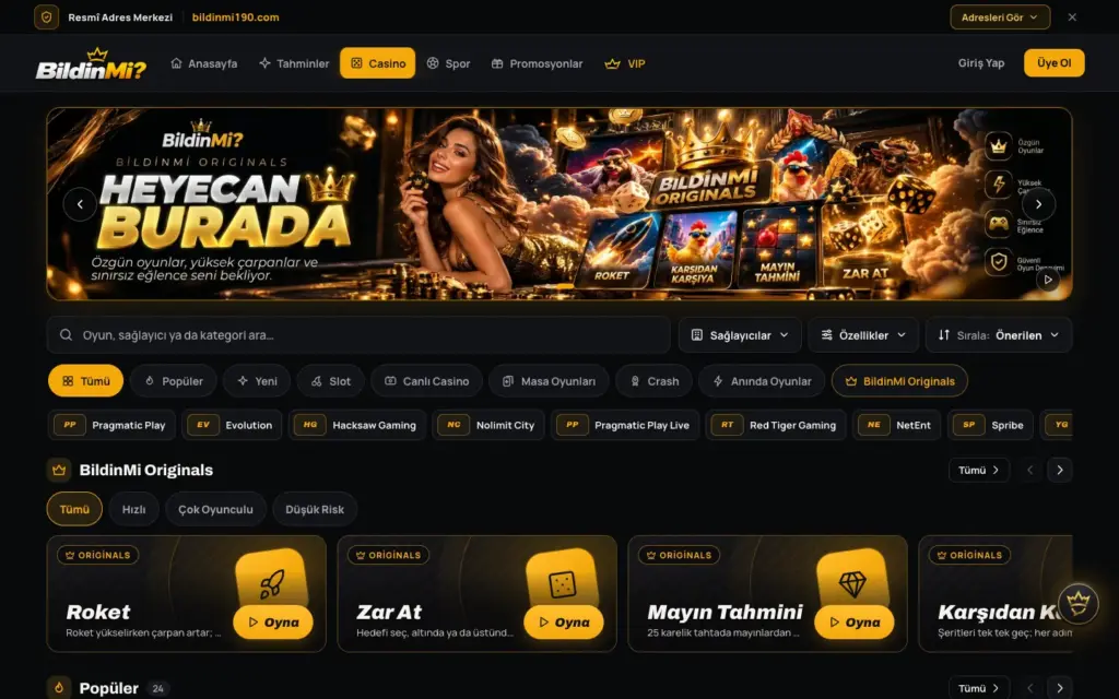 Casino lobisi; kategori satırlarında oyun kapakları