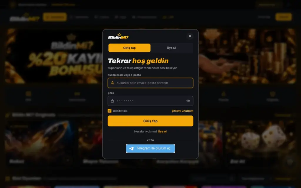 BildinMi giriş penceresi; kullanıcı adı, şifre ve Telegram ile oturum aç düğmesi