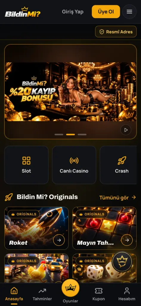 Telefon ekranında açık BildinMi ana sayfası