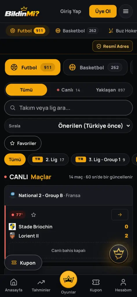 Telefonda spor bahisleri ekranı