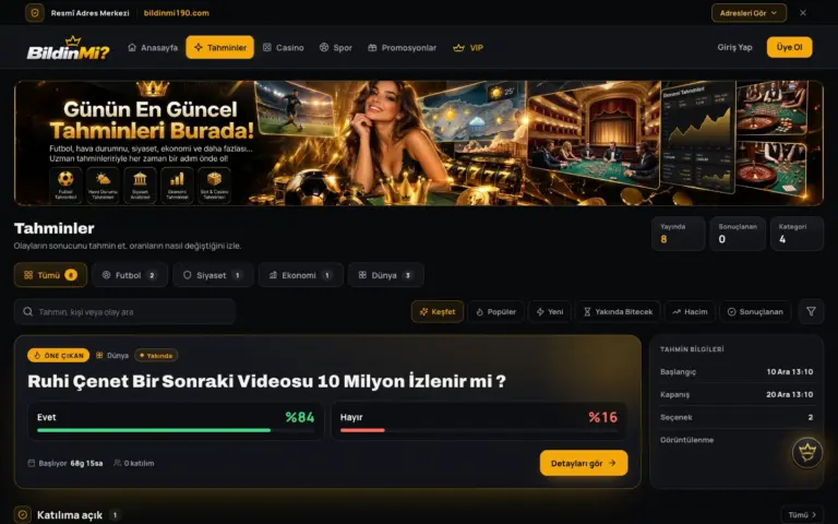 Tahmin piyasası ekranı; soru kartları ve seçenekler